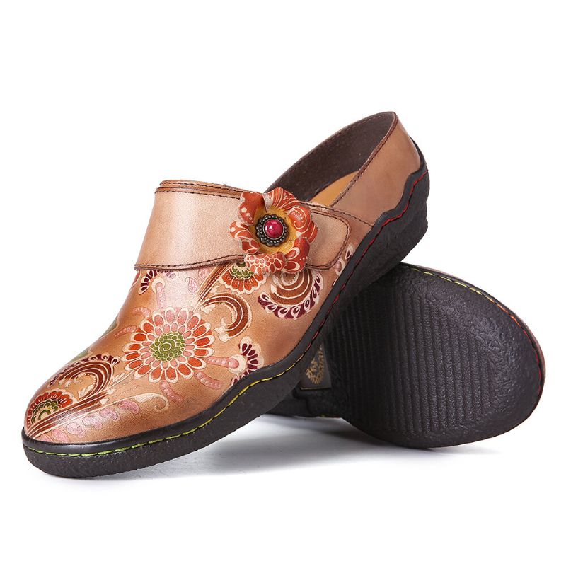 Socofy Retro Floral Embossed Pattern Cuir Véritable Super Confortable Chaussures À Enfiler