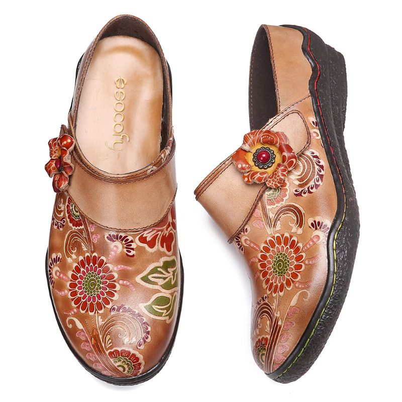 Socofy Retro Floral Embossed Pattern Cuir Véritable Super Confortable Chaussures À Enfiler