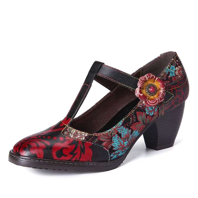 Socofy Retro Florals Broderie Fleurs Cuir Low Heel T-strap Hook Loop Pumps