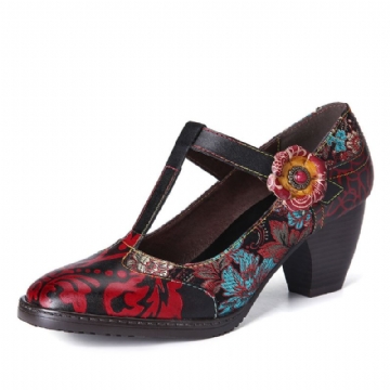 Socofy Retro Florals Broderie Fleurs Cuir Low Heel T-strap Hook Loop Pumps