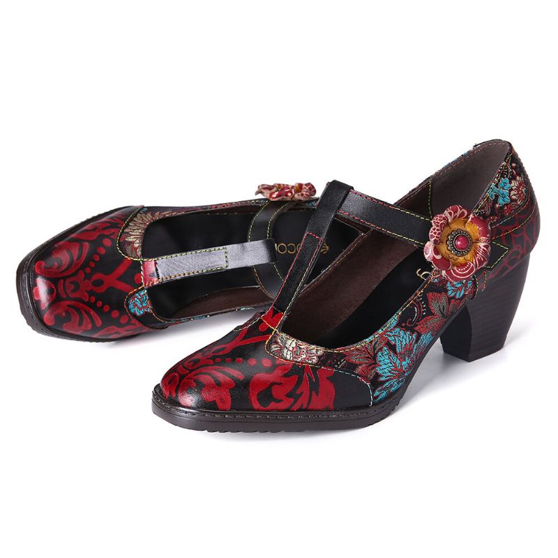 Socofy Retro Florals Broderie Fleurs Cuir Low Heel T-strap Hook Loop Pumps