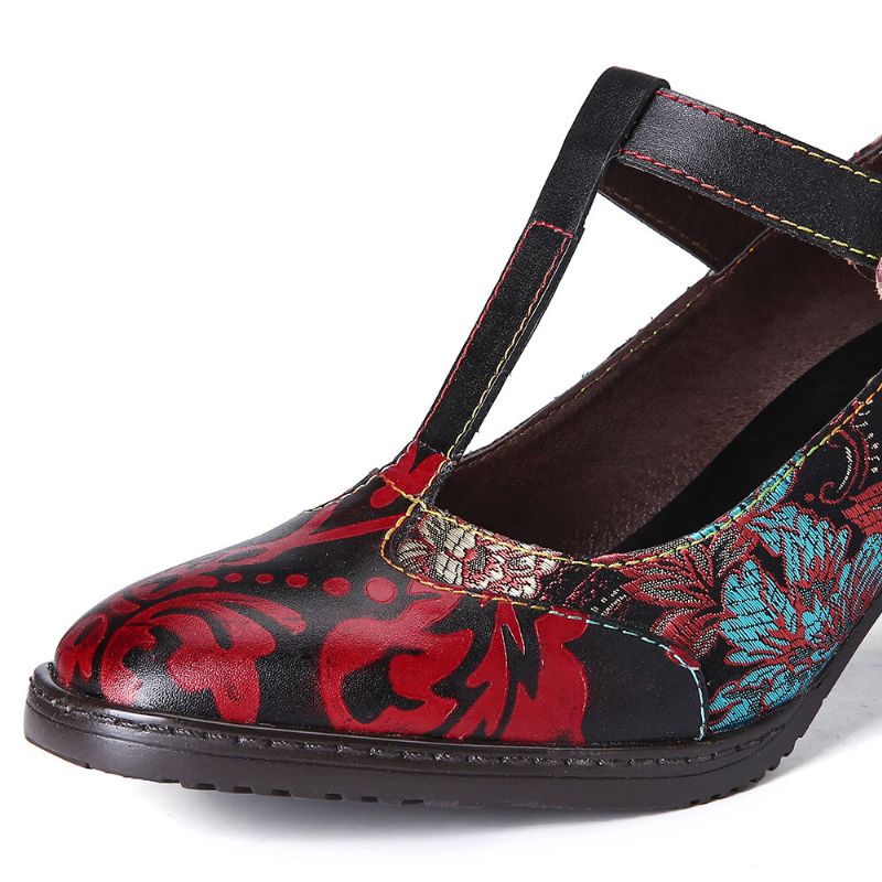 Socofy Retro Florals Broderie Fleurs Cuir Low Heel T-strap Hook Loop Pumps