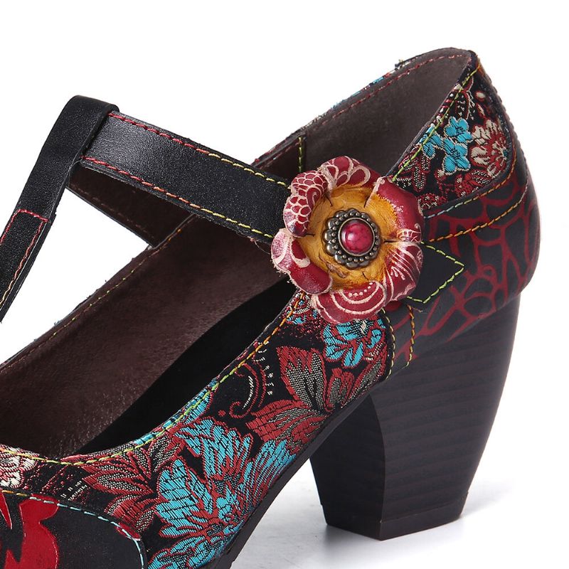 Socofy Retro Florals Broderie Fleurs Cuir Low Heel T-strap Hook Loop Pumps