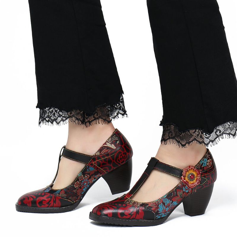 Socofy Retro Florals Broderie Fleurs Cuir Low Heel T-strap Hook Loop Pumps