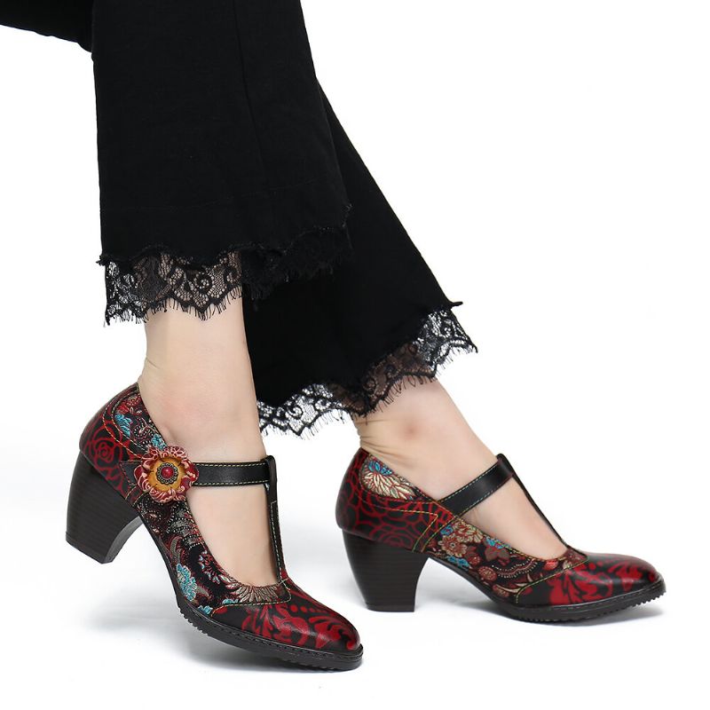 Socofy Retro Florals Broderie Fleurs Cuir Low Heel T-strap Hook Loop Pumps