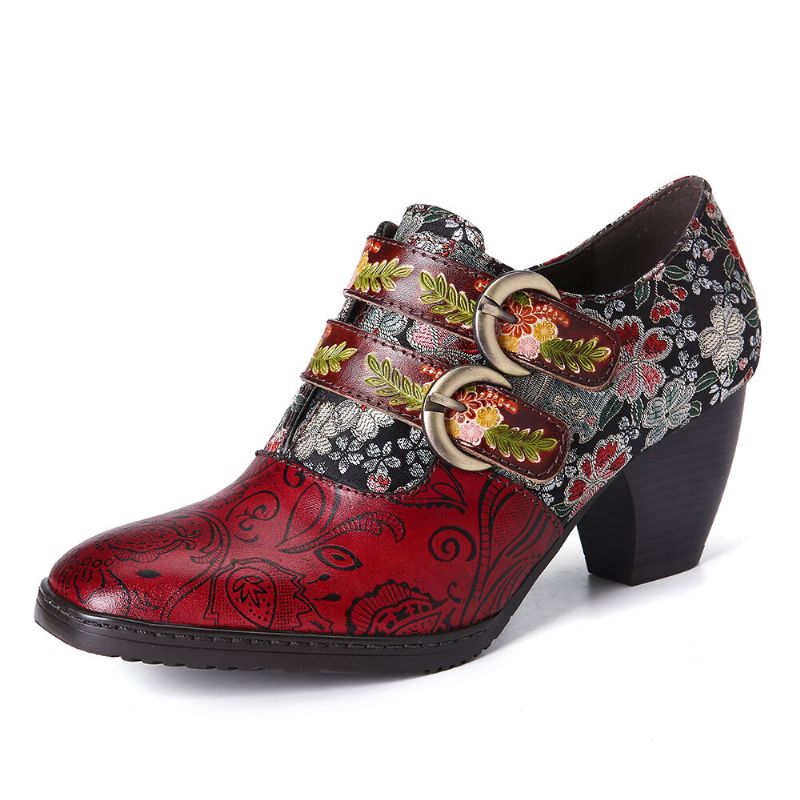 Socofy Retro Flower Metal Embossed Buckle Strap Leather Low Heel Square Toe Pumps