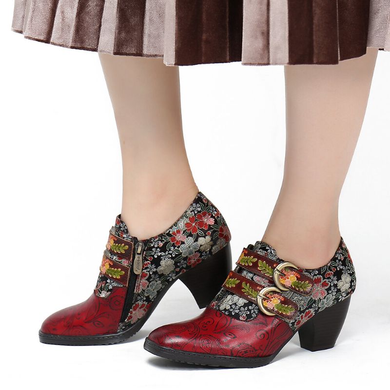 Socofy Retro Flower Metal Embossed Buckle Strap Leather Low Heel Square Toe Pumps