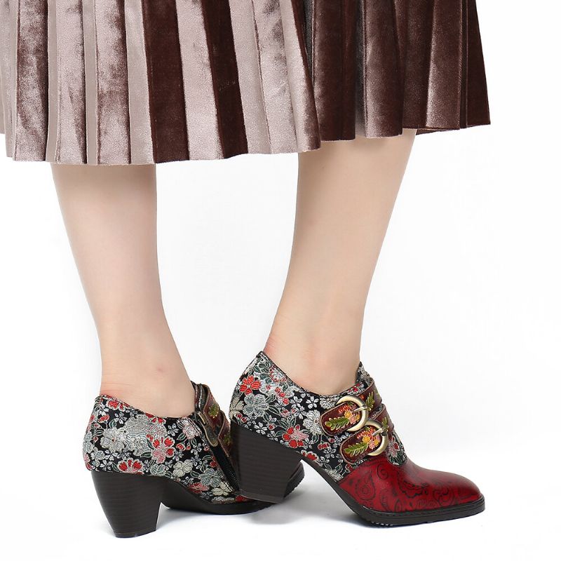 Socofy Retro Flower Metal Embossed Buckle Strap Leather Low Heel Square Toe Pumps