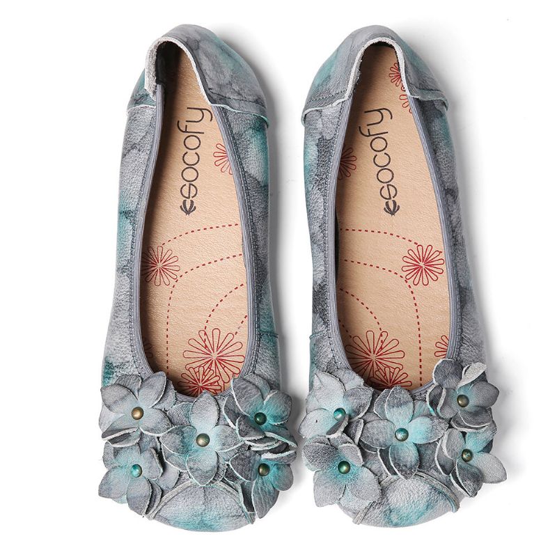 Socofy Retro Flowers Decor Tie-dyed Soft Sole Comfy Slip On Soft Flat Shoes