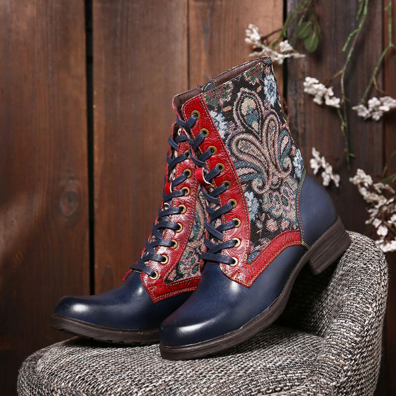 Socofy Retro Folkways Pattern Embossed Genuine Leather Stitching Lace Up Zipper Flat Short Boots