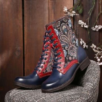 Socofy Retro Folkways Pattern Embossed Genuine Leather Stitching Lace Up Zipper Flat Short Boots