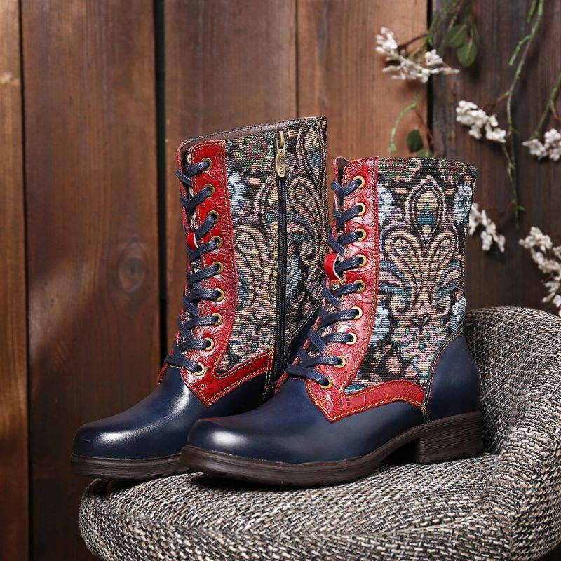 Socofy Retro Folkways Pattern Embossed Genuine Leather Stitching Lace Up Zipper Flat Short Boots