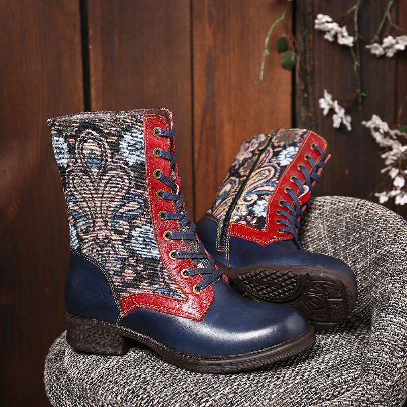 Socofy Retro Folkways Pattern Embossed Genuine Leather Stitching Lace Up Zipper Flat Short Boots