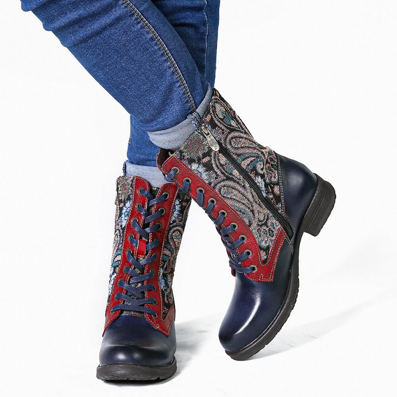 Socofy Retro Folkways Pattern Embossed Genuine Leather Stitching Lace Up Zipper Flat Short Boots