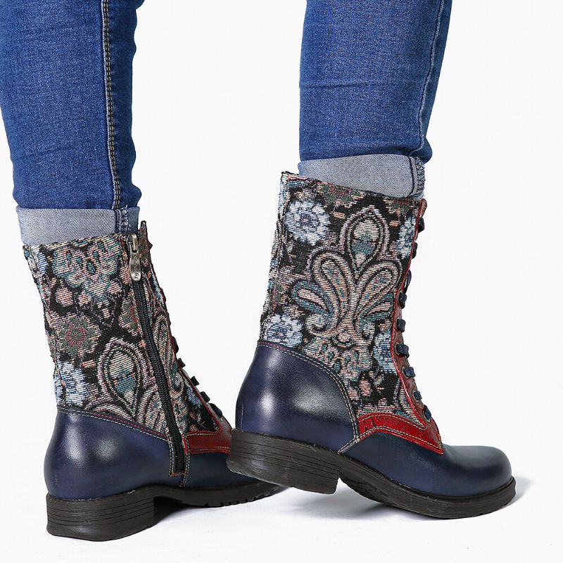 Socofy Retro Folkways Pattern Embossed Genuine Leather Stitching Lace Up Zipper Flat Short Boots