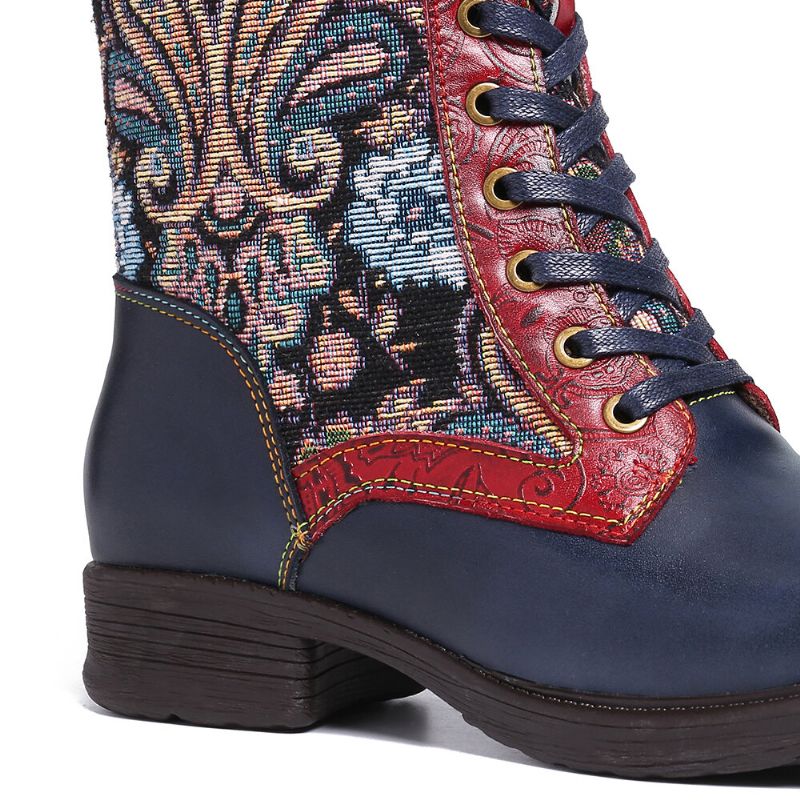 Socofy Retro Folkways Pattern Embossed Genuine Leather Stitching Lace Up Zipper Flat Short Boots