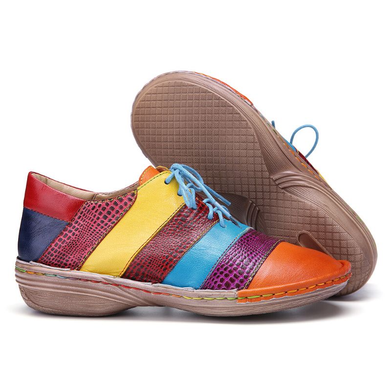 Socofy Retro Handmade Comfy Leather Colorblock Contrast Splicing Chaussures Plates À Lacets