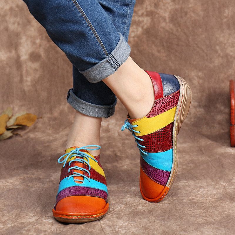 Socofy Retro Handmade Comfy Leather Colorblock Contrast Splicing Chaussures Plates À Lacets