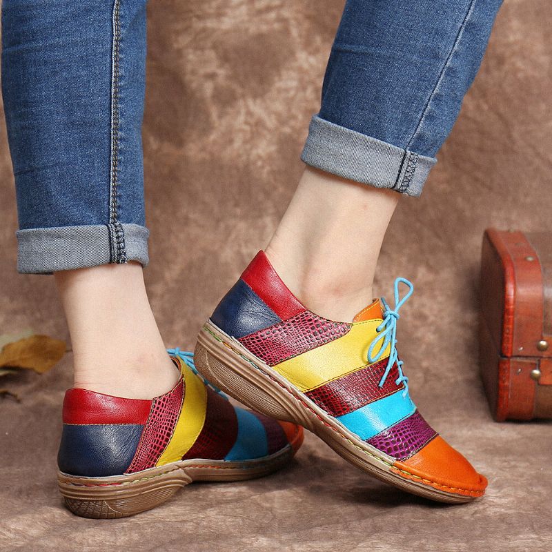 Socofy Retro Handmade Comfy Leather Colorblock Contrast Splicing Chaussures Plates À Lacets