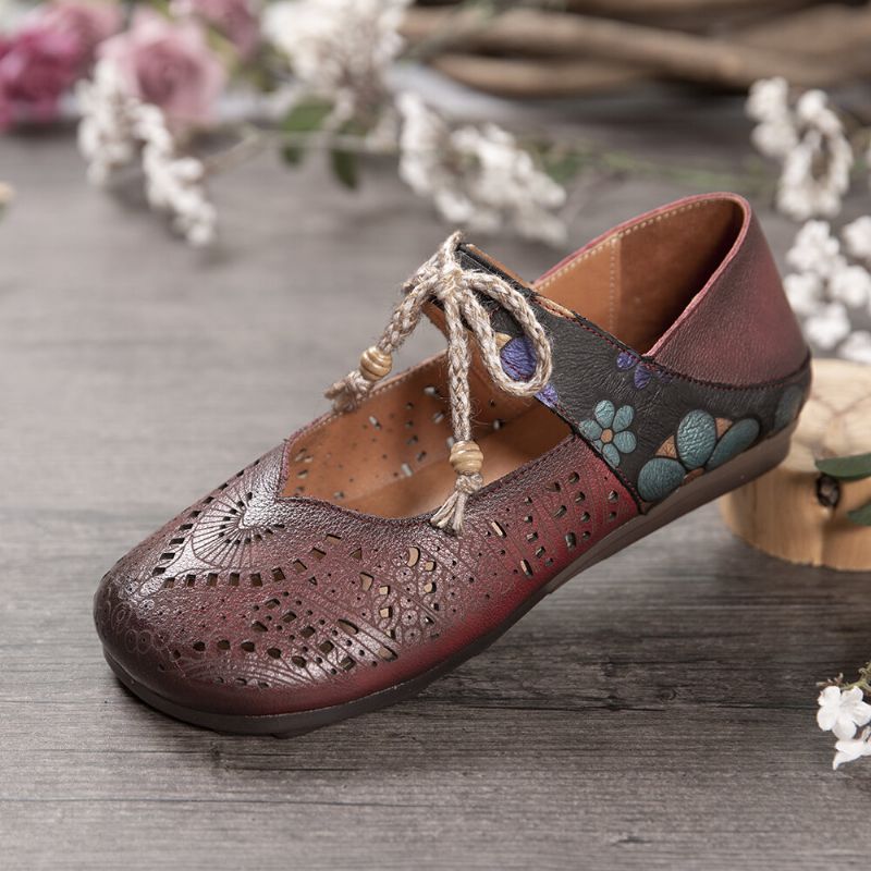 Socofy Retro Hollow Floral Soft Sole Knot Round Toe Ankle Strap Flat Shoes