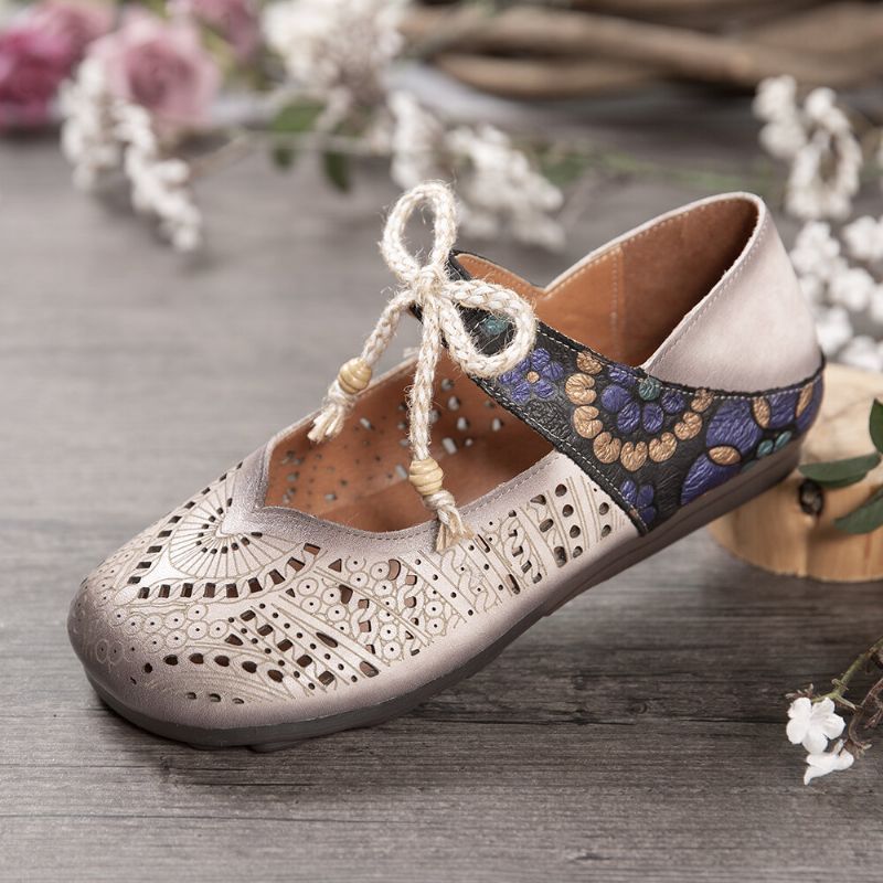 Socofy Retro Hollow Floral Soft Sole Knot Round Toe Ankle Strap Flat Shoes