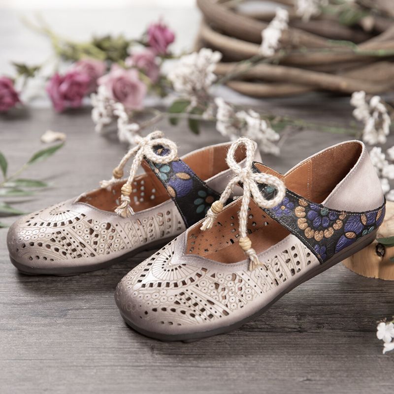 Socofy Retro Hollow Floral Soft Sole Knot Round Toe Ankle Strap Flat Shoes