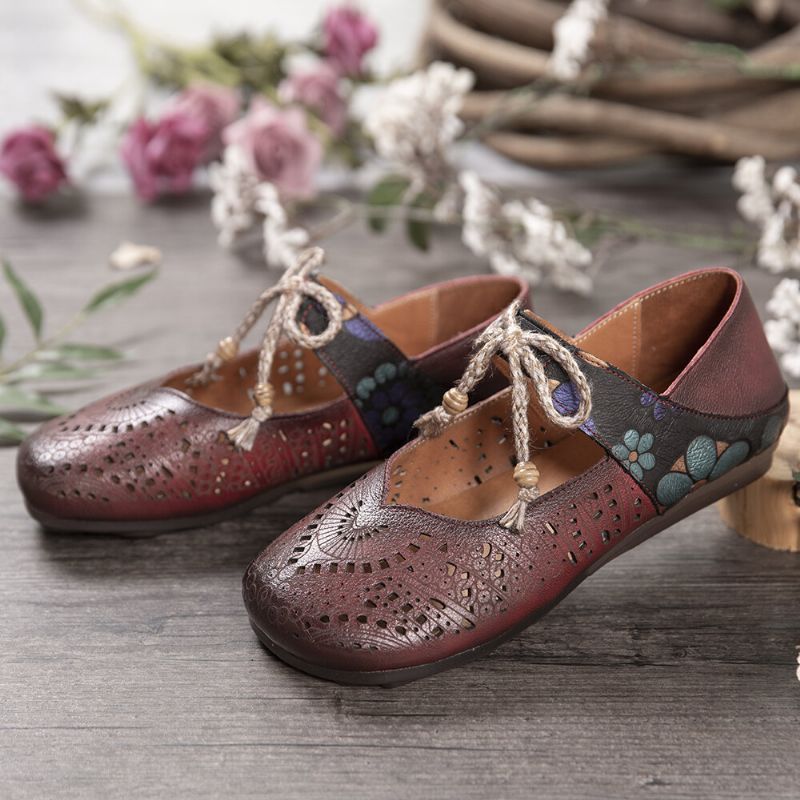 Socofy Retro Hollow Floral Soft Sole Knot Round Toe Ankle Strap Flat Shoes