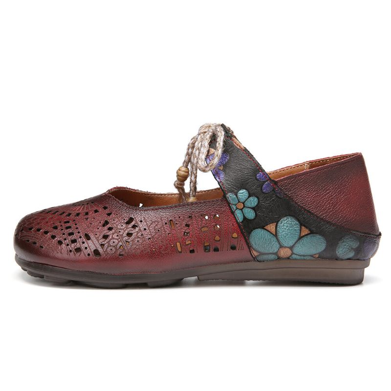 Socofy Retro Hollow Floral Soft Sole Knot Round Toe Ankle Strap Flat Shoes