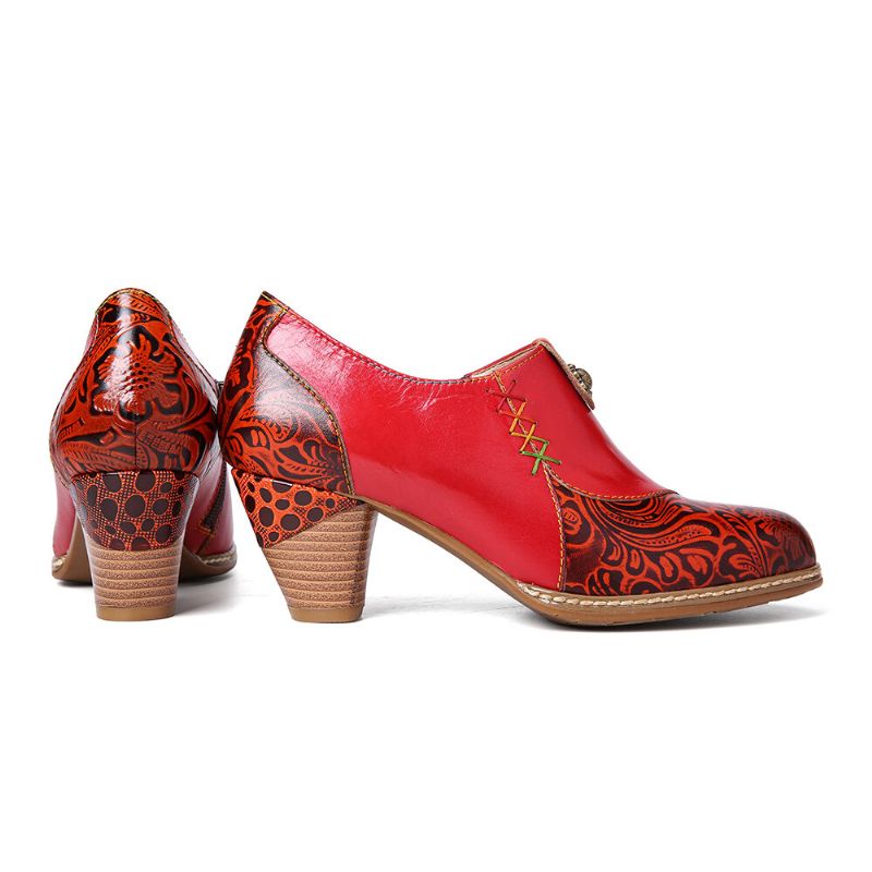 Socofy Retro Leather Beaded Flower Embossed Stitching Zipper Mid Heel Pumps