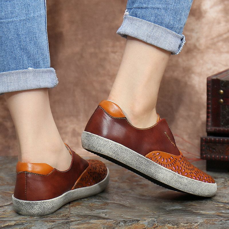 Socofy Retro Leather Cutout Splicing Stitching Slip On Flat Sneakers