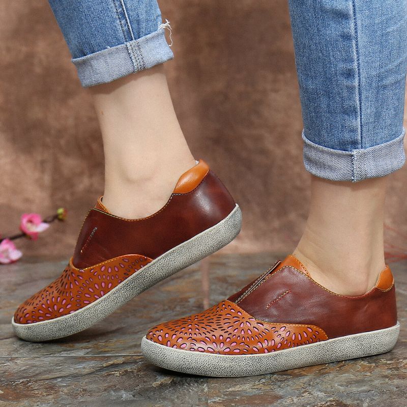 Socofy Retro Leather Cutout Splicing Stitching Slip On Flat Sneakers