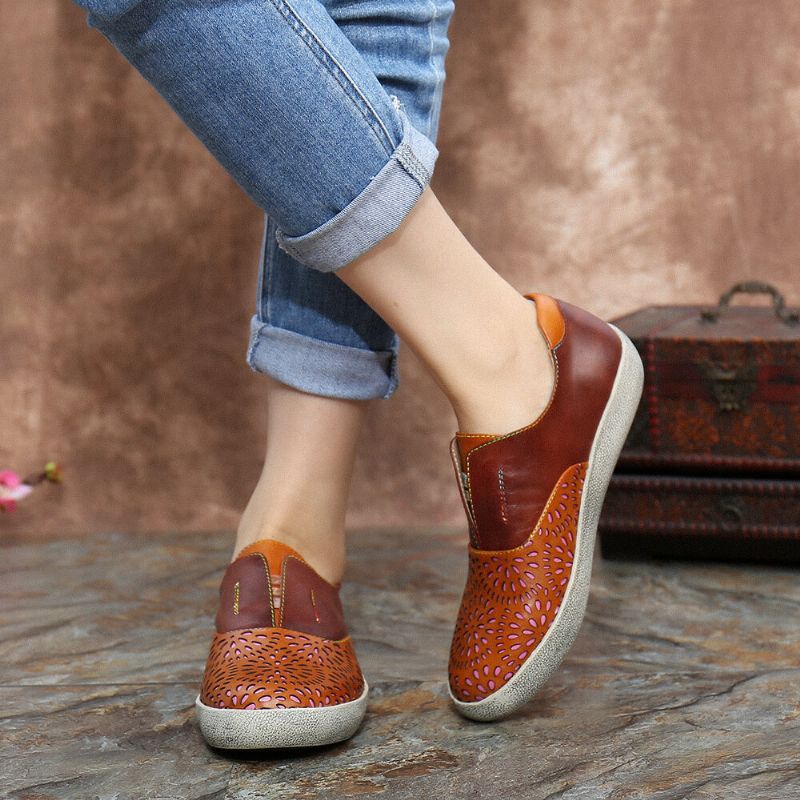 Socofy Retro Leather Cutout Splicing Stitching Slip On Flat Sneakers