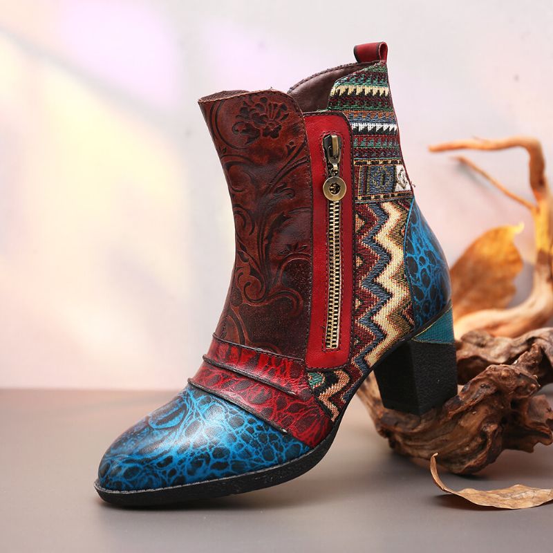 Socofy Retro Leather Emboseed Flower Splicing Folkways Style Double Side Zipper Casual Boots