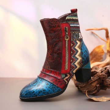 Socofy Retro Leather Emboseed Flower Splicing Folkways Style Double Side Zipper Casual Boots