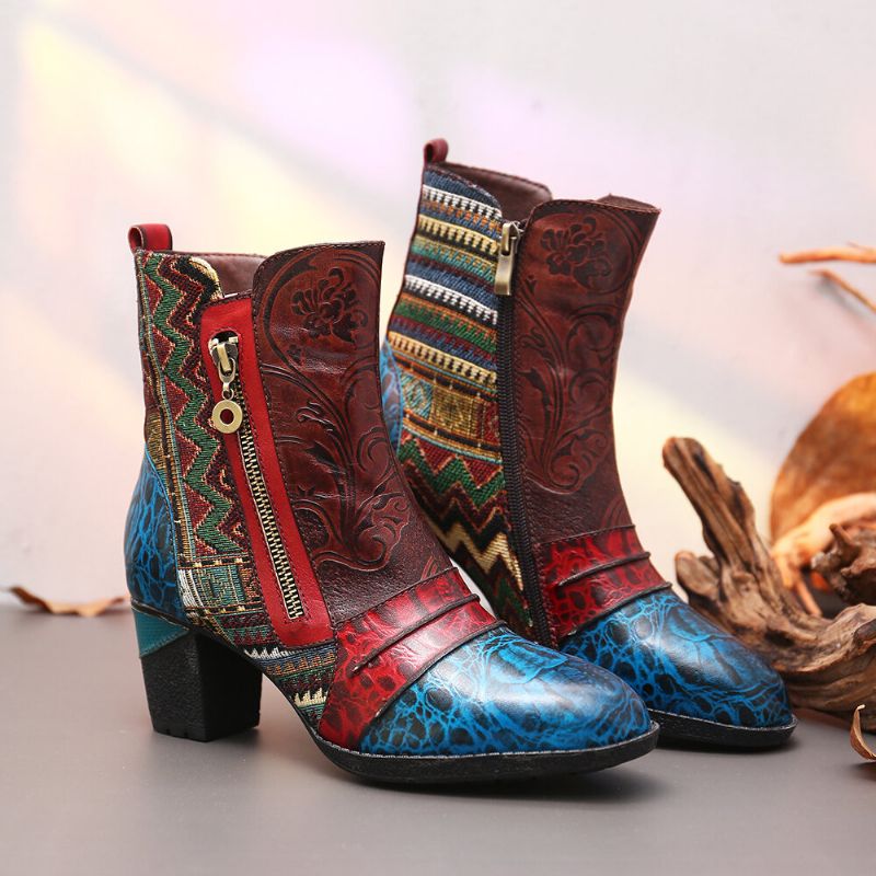 Socofy Retro Leather Emboseed Flower Splicing Folkways Style Double Side Zipper Casual Boots