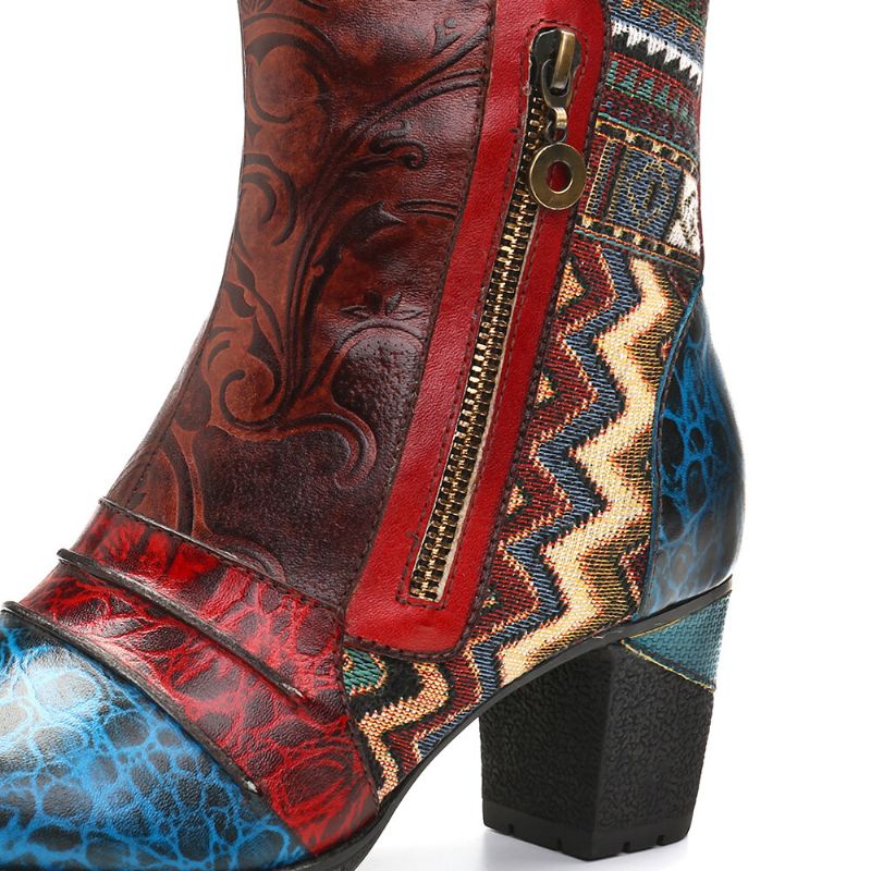 Socofy Retro Leather Emboseed Flower Splicing Folkways Style Double Side Zipper Casual Boots