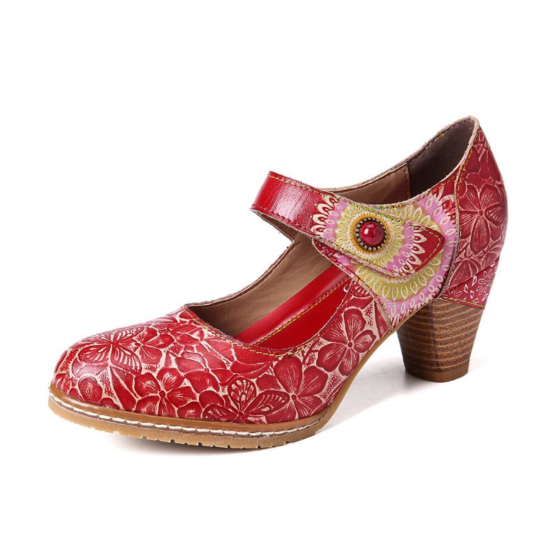 Socofy Retro Leather Embossed Floral Hook Loop Ankle Strap Chunky Heel Pumps