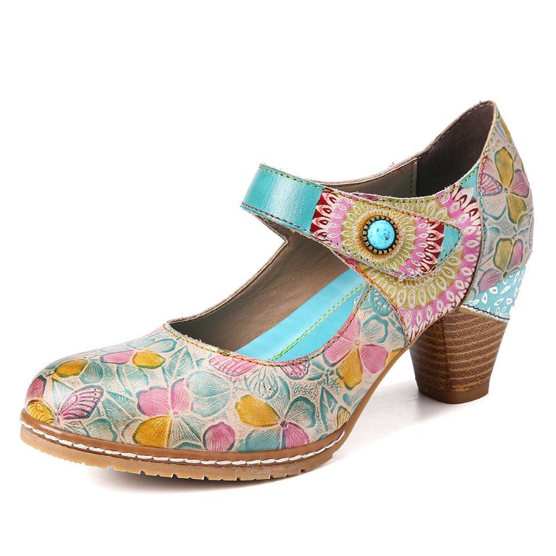 Socofy Retro Leather Embossed Floral Hook Loop Ankle Strap Chunky Heel Pumps