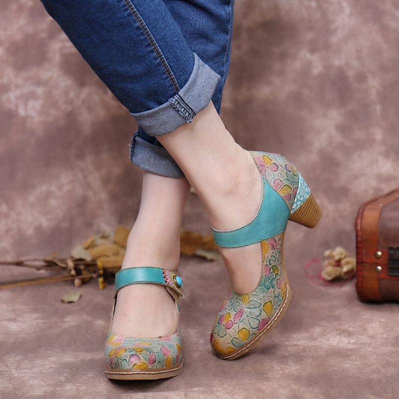 Socofy Retro Leather Embossed Floral Hook Loop Ankle Strap Chunky Heel Pumps