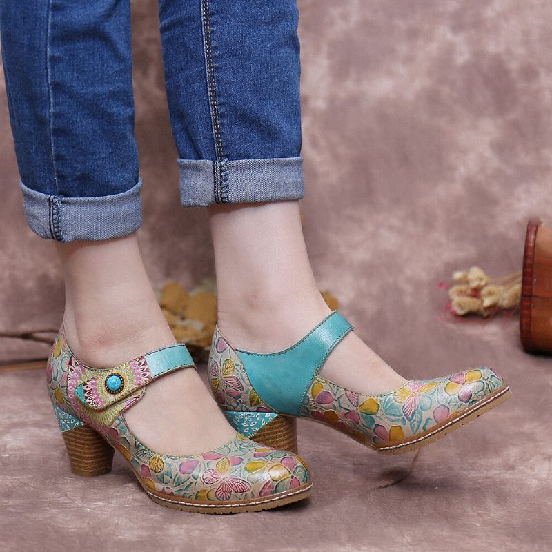 Socofy Retro Leather Embossed Floral Hook Loop Ankle Strap Chunky Heel Pumps