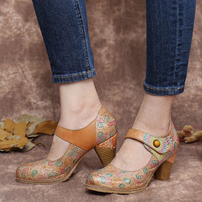 Socofy Retro Leather Embossed Floral Hook Loop Ankle Strap Chunky Heel Pumps