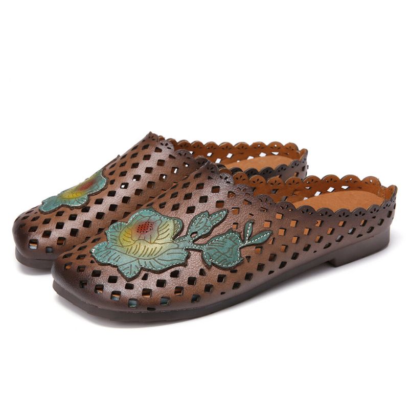 Socofy Retro Leather Floral Applique Cutouts Soft Flat Mules Sabots Sandales À Enfiler