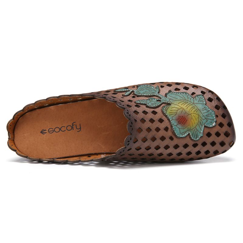 Socofy Retro Leather Floral Applique Cutouts Soft Flat Mules Sabots Sandales À Enfiler