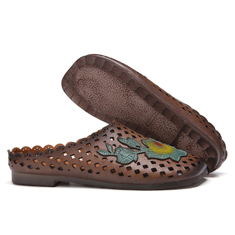 Socofy Retro Leather Floral Applique Cutouts Soft Flat Mules Sabots Sandales À Enfiler