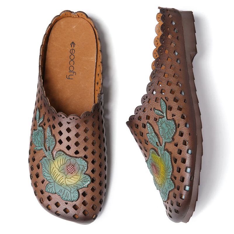 Socofy Retro Leather Floral Applique Cutouts Soft Flat Mules Sabots Sandales À Enfiler