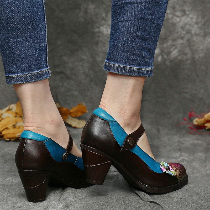 Socofy Retro Leather Floral Splicing Chunky Heel Pumps Mary Jane Dress Shoes