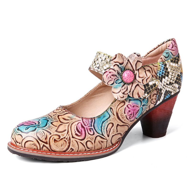 Socofy Retro Leather Floral Splicing Snakeskin Bout Rond Escarpins À Talons Épais