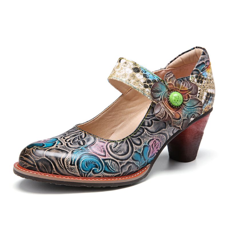 Socofy Retro Leather Floral Splicing Snakeskin Bout Rond Escarpins À Talons Épais