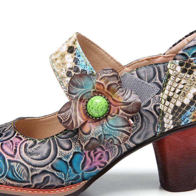 Socofy Retro Leather Floral Splicing Snakeskin Bout Rond Escarpins À Talons Épais