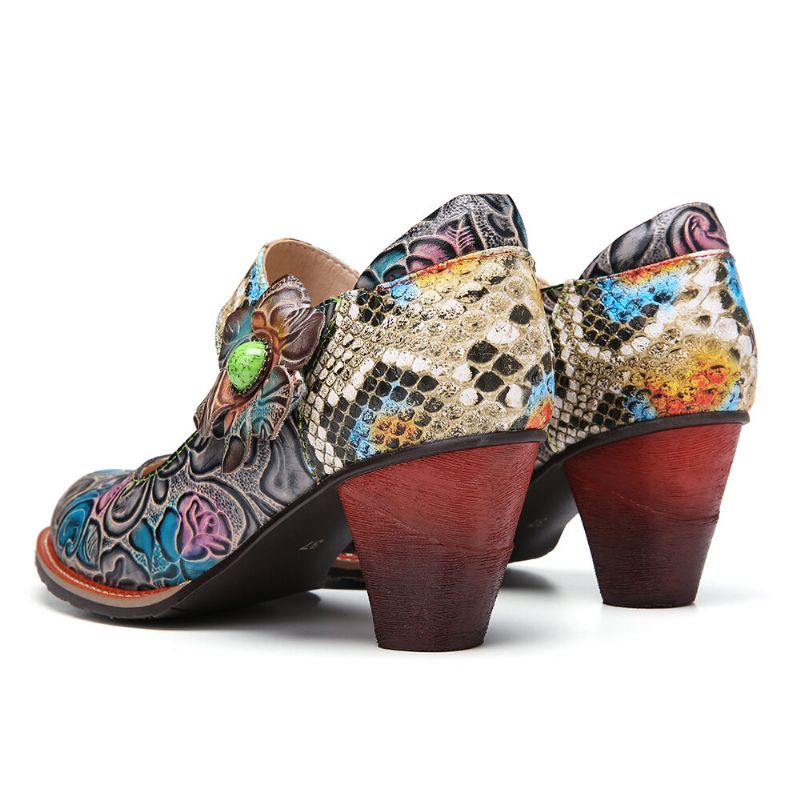 Socofy Retro Leather Floral Splicing Snakeskin Bout Rond Escarpins À Talons Épais